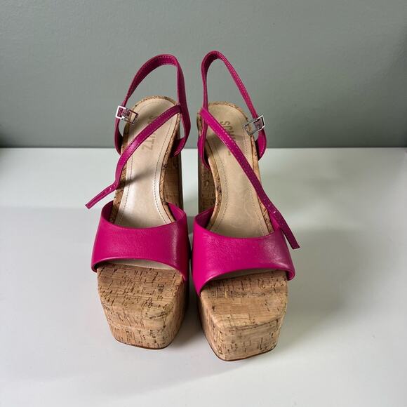 SCHUTZ Pink Leather Glayce Ankle Strap Buckle Platform Cork Sandal Heels 6.5 - Picture 3 of 9